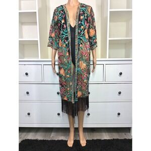 Rebellion Again Womens Small Sheer Mesh Floral Embroidered Fringe Kimono Duster